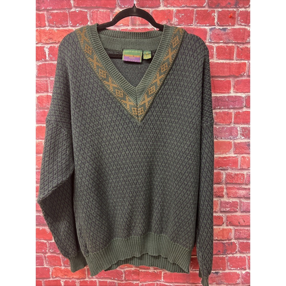 Hunting‎ Horn Classics V Neck Sweater Textured Knit Mens Large Green Tan